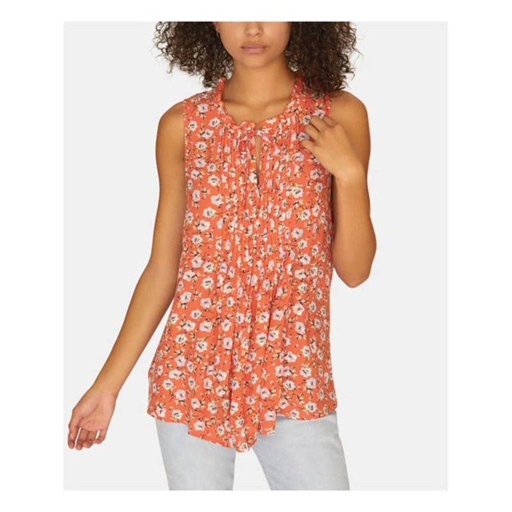 Sanctuary Orange Floral Sleeveless Pleated Tie Neck Flare Boho Blouse - Small